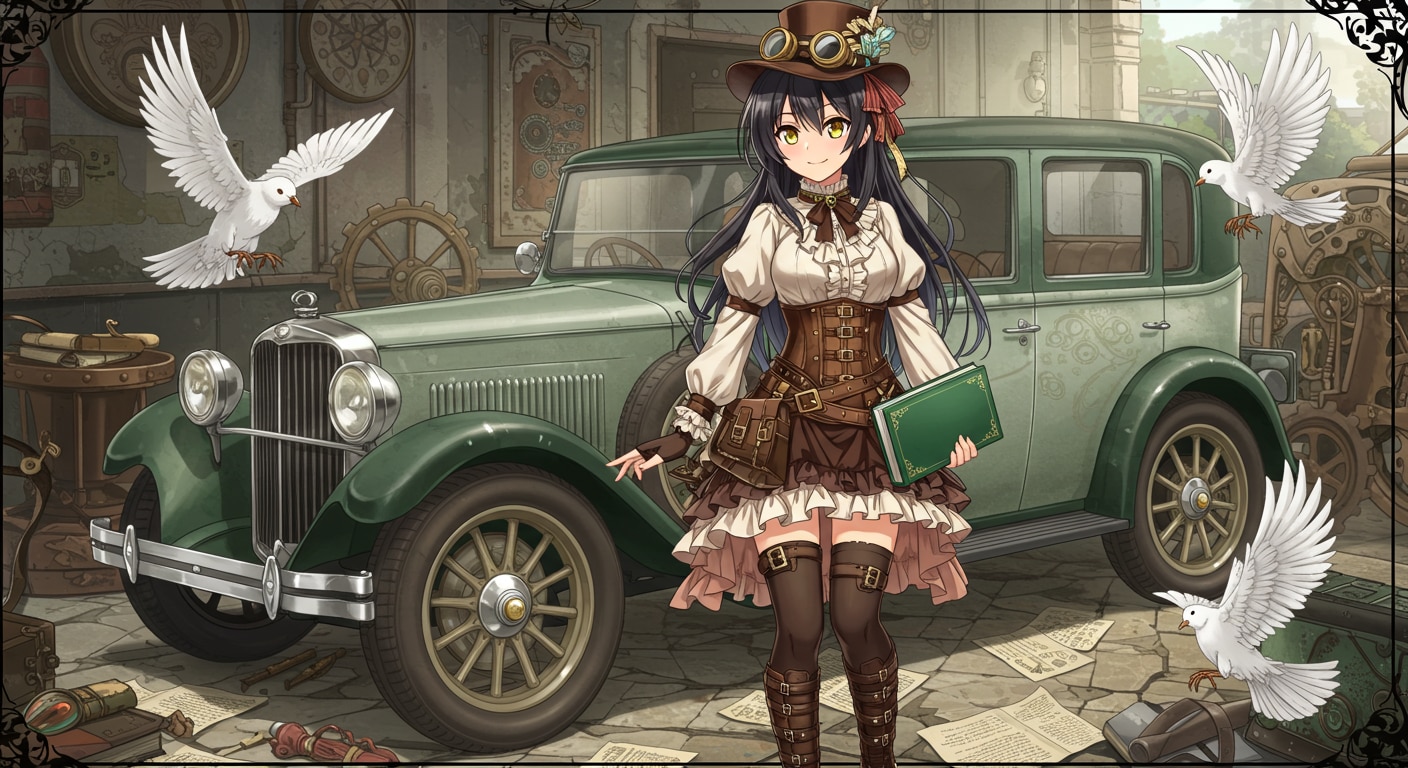 スチームパンククラシックカーと少女 | の人気AIイラスト・グラビア