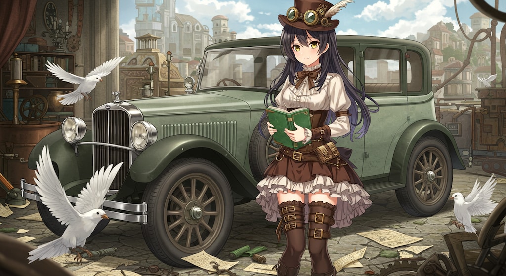 スチームパンククラシックカーと少女