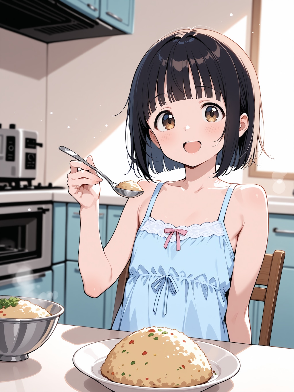 夏休み、田舎のおばあちゃんが作ってくれたチャーハンを食べる