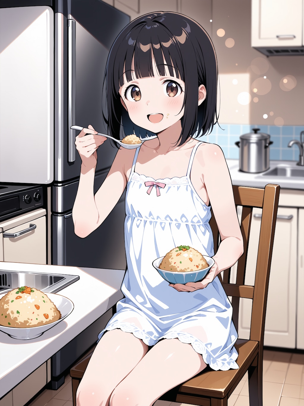 夏休み、田舎のおばあちゃんが作ってくれたチャーハンを食べる