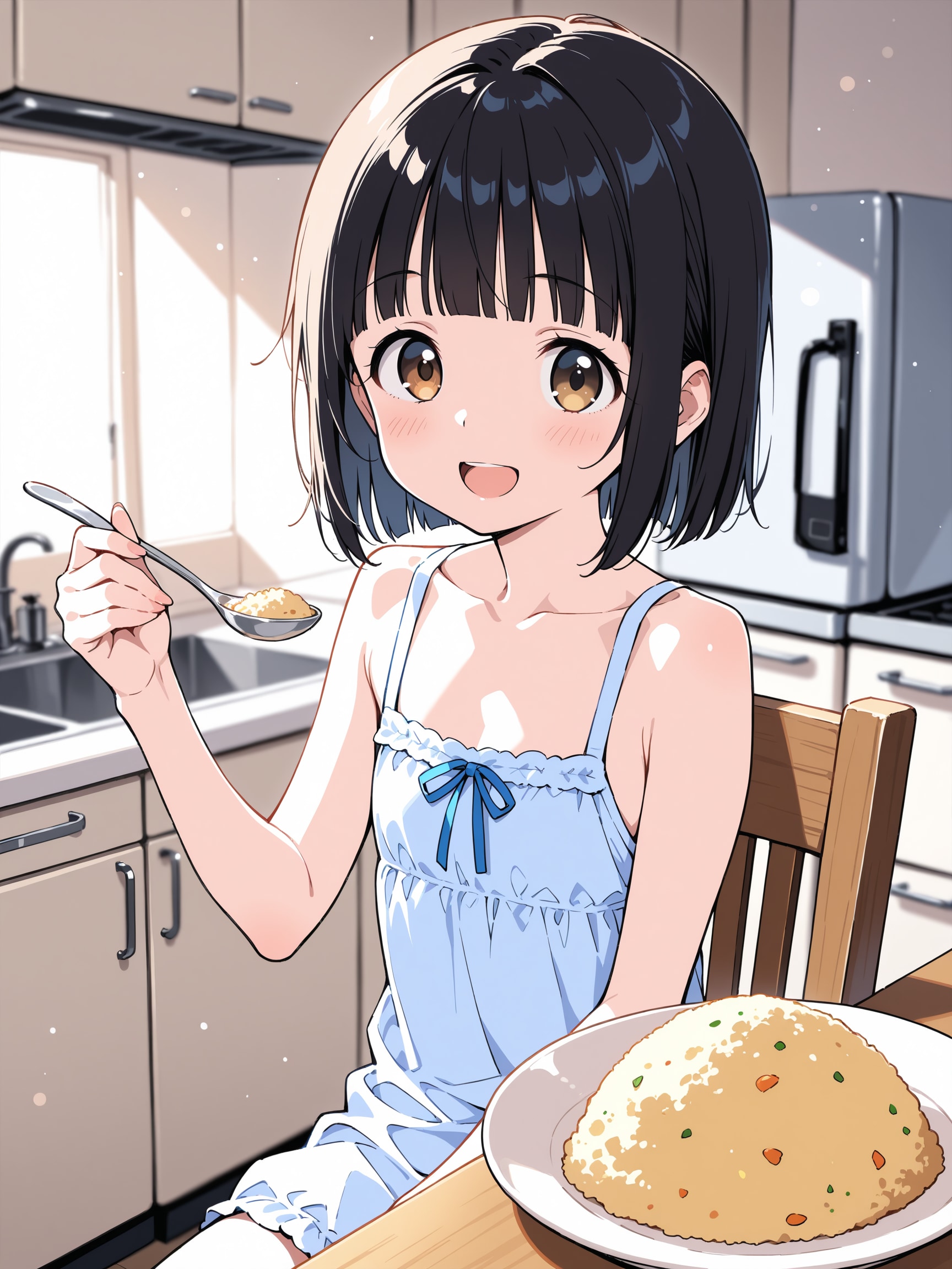 夏休み、田舎のおばあちゃんが作ってくれたチャーハンを食べる
