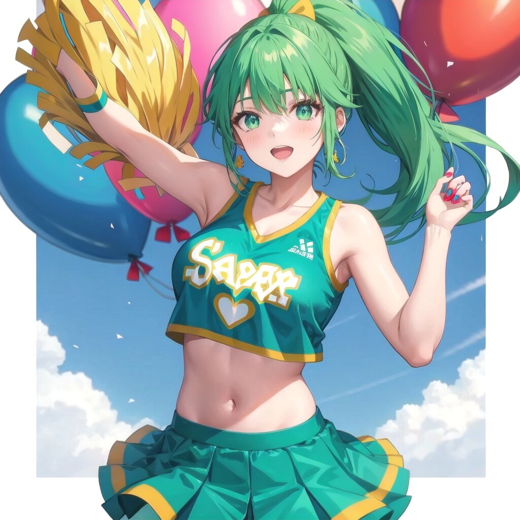 いっぱい色とりどりの風船を持つ緑髪ポニーテールのチアガール衣装着た美女 | の人気AIイラスト・グラビア