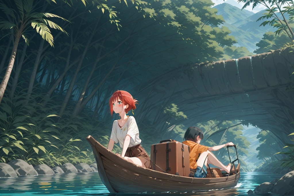 ボートで移動中。