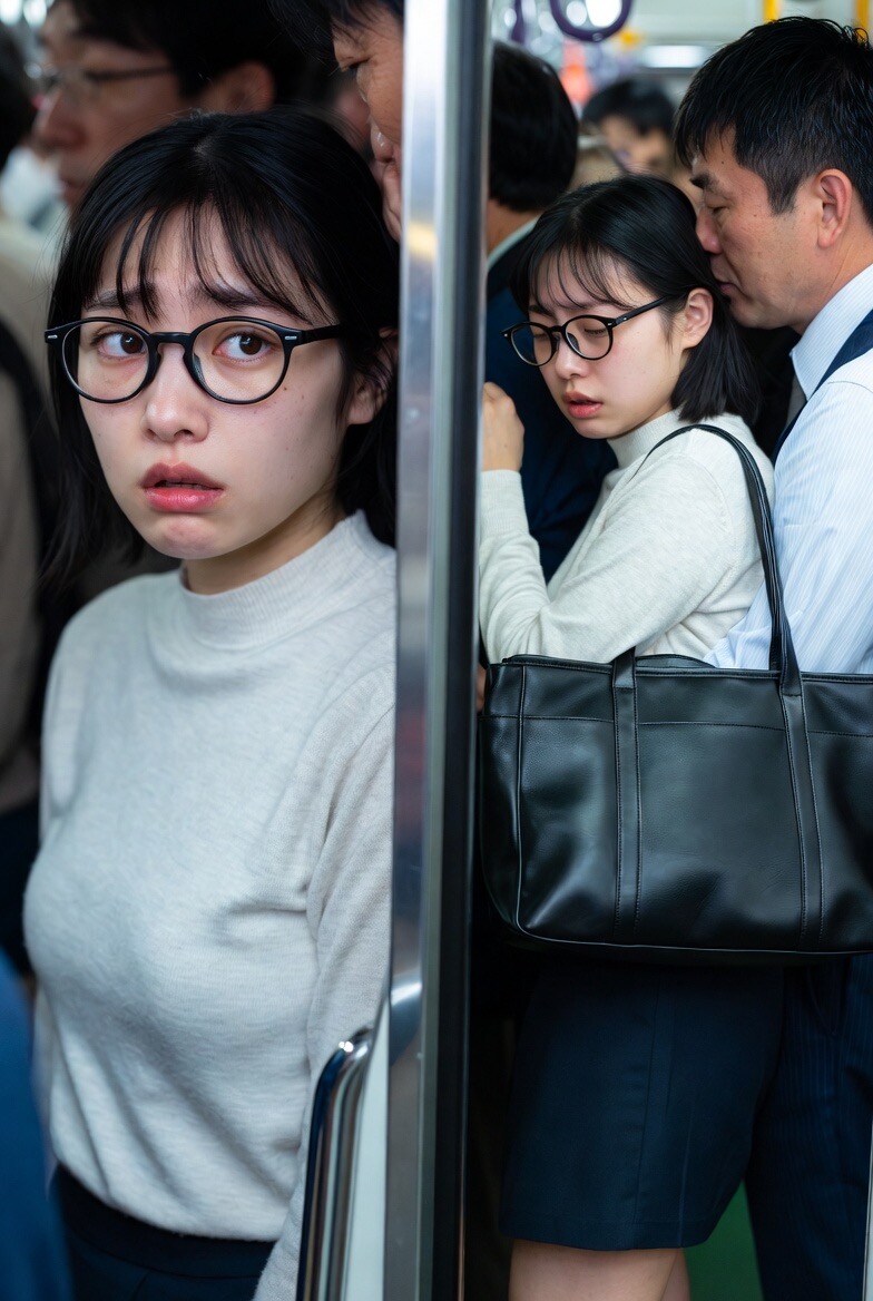 地味な眼鏡、満員電車で通勤
