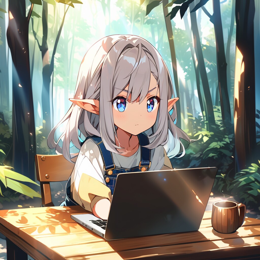 ちちぷいに投稿する作品を真剣に思案中のダークエルフちゃん。