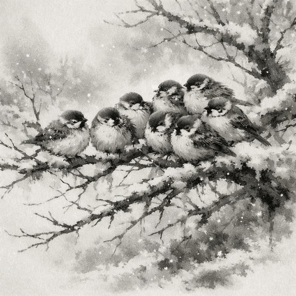 冬、体を寄せる雀