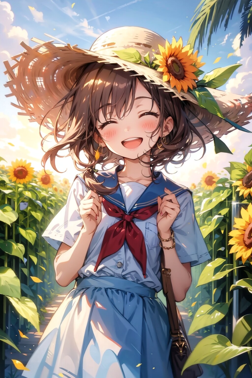 笑顔の麦わらちゃんとひまわり畑