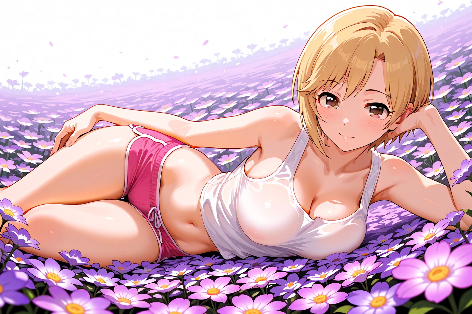 花畑の上で横になる相葉夕美