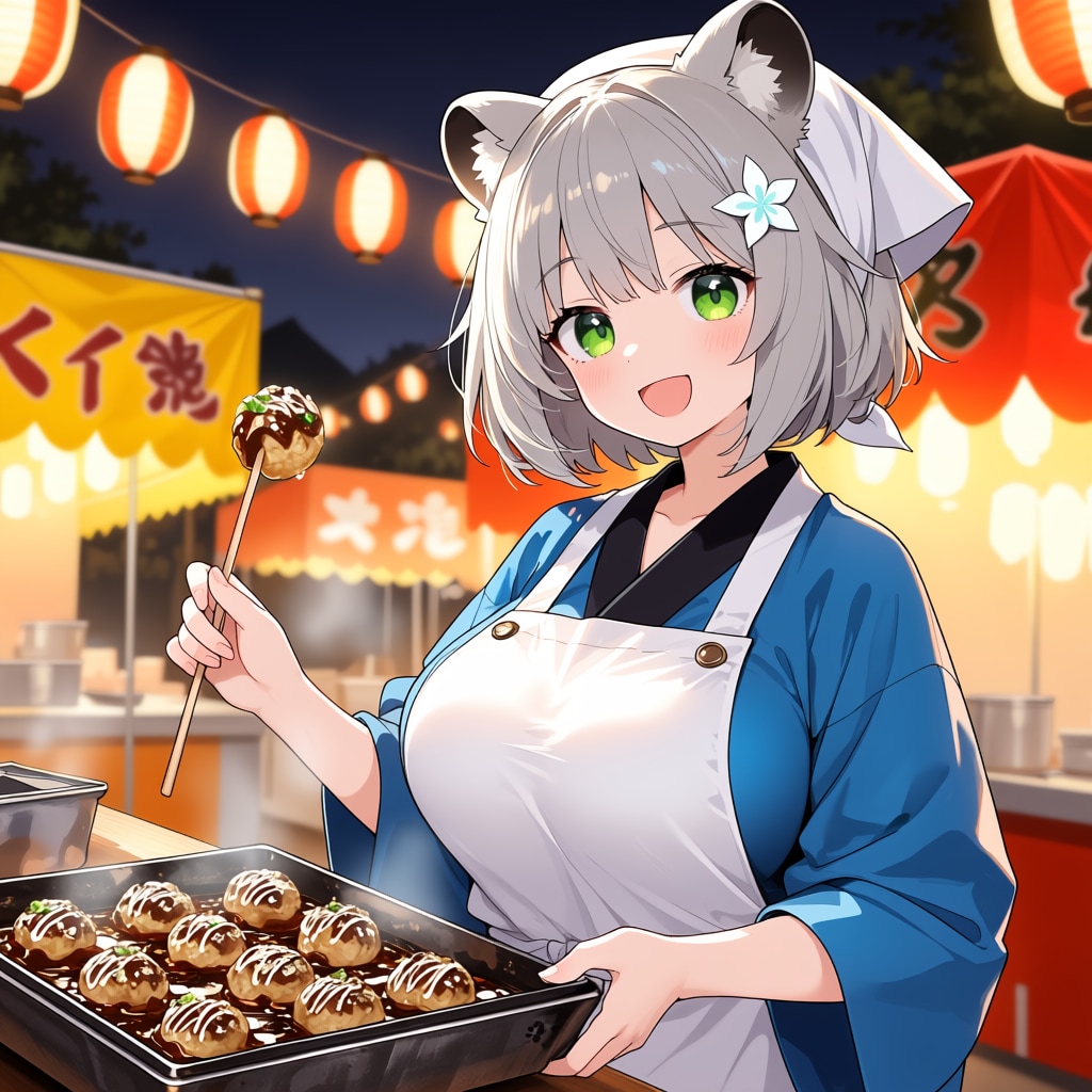 たこ焼きを焼くユキタヌキちゃん