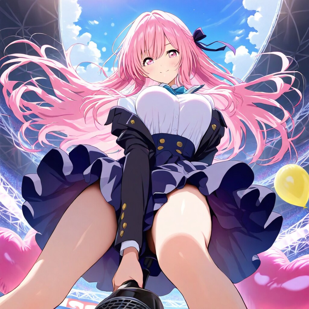 風船を持つピンク髪ロングの美女。