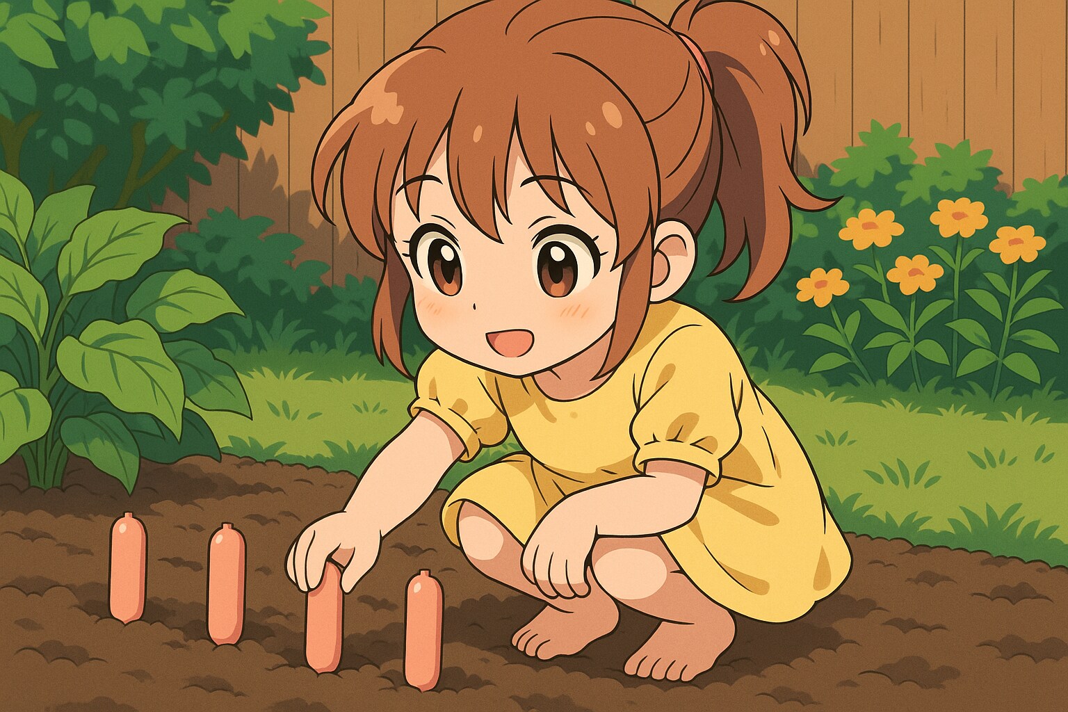 裏庭の畑でポークソーセージを植えてる女の子 | の人気AIイラスト・グラビア