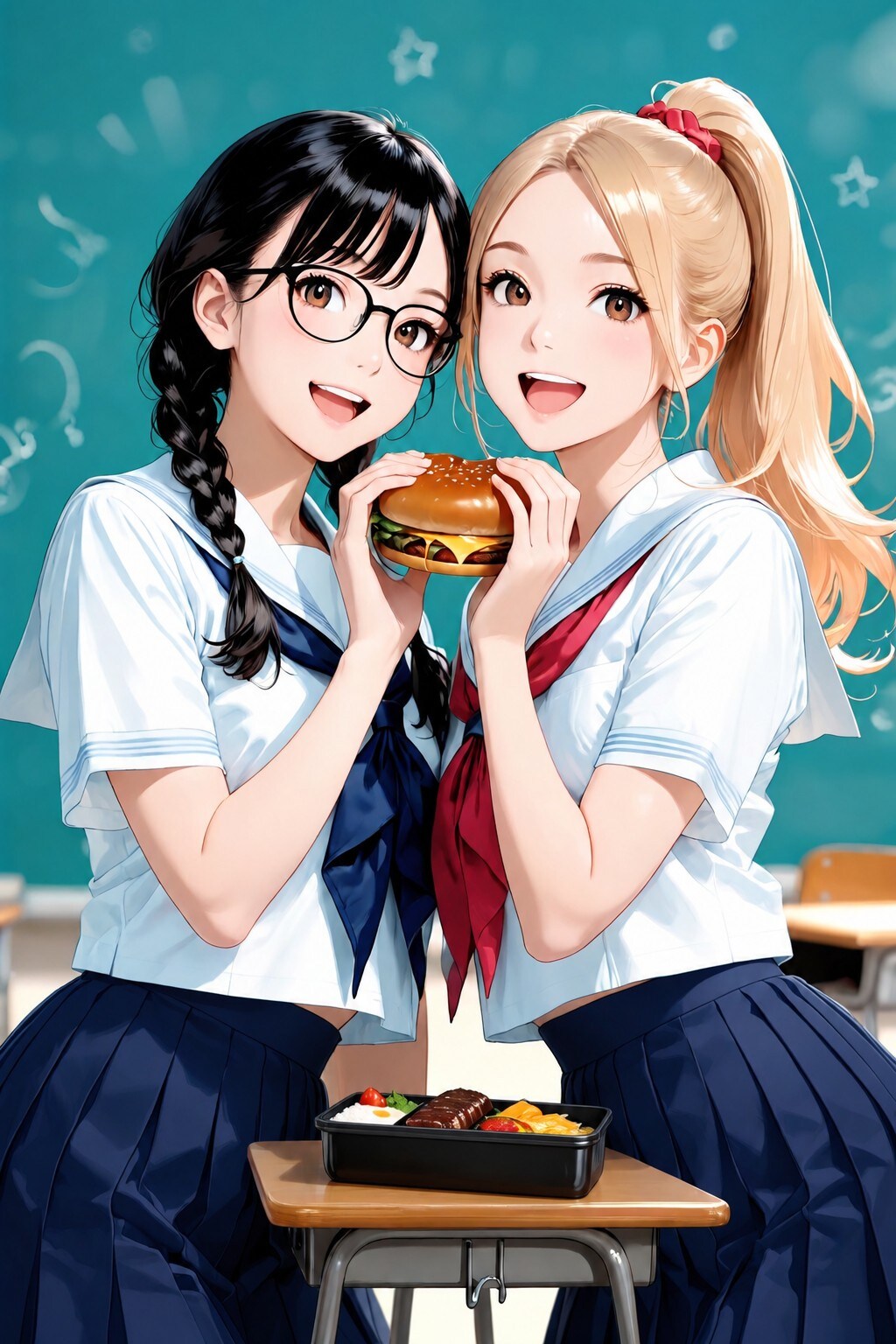 Trial And Error - MIX【金髪ギャルと眼鏡三つ編み女子はいつもなかよし♪／実験中】 | の人気AIイラスト・グラビア