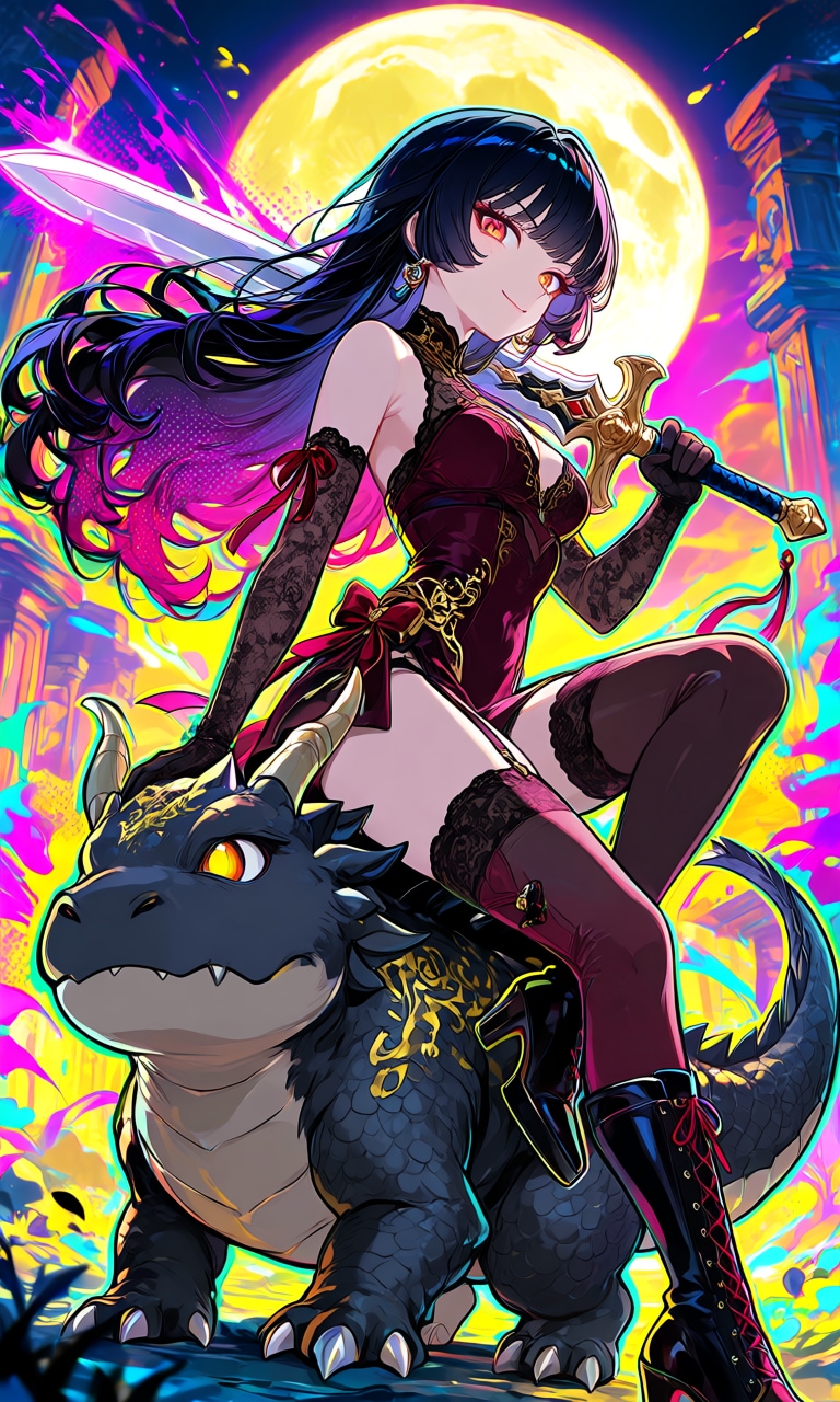ちび黒龍メローアと大剣を携えた少女ナディ