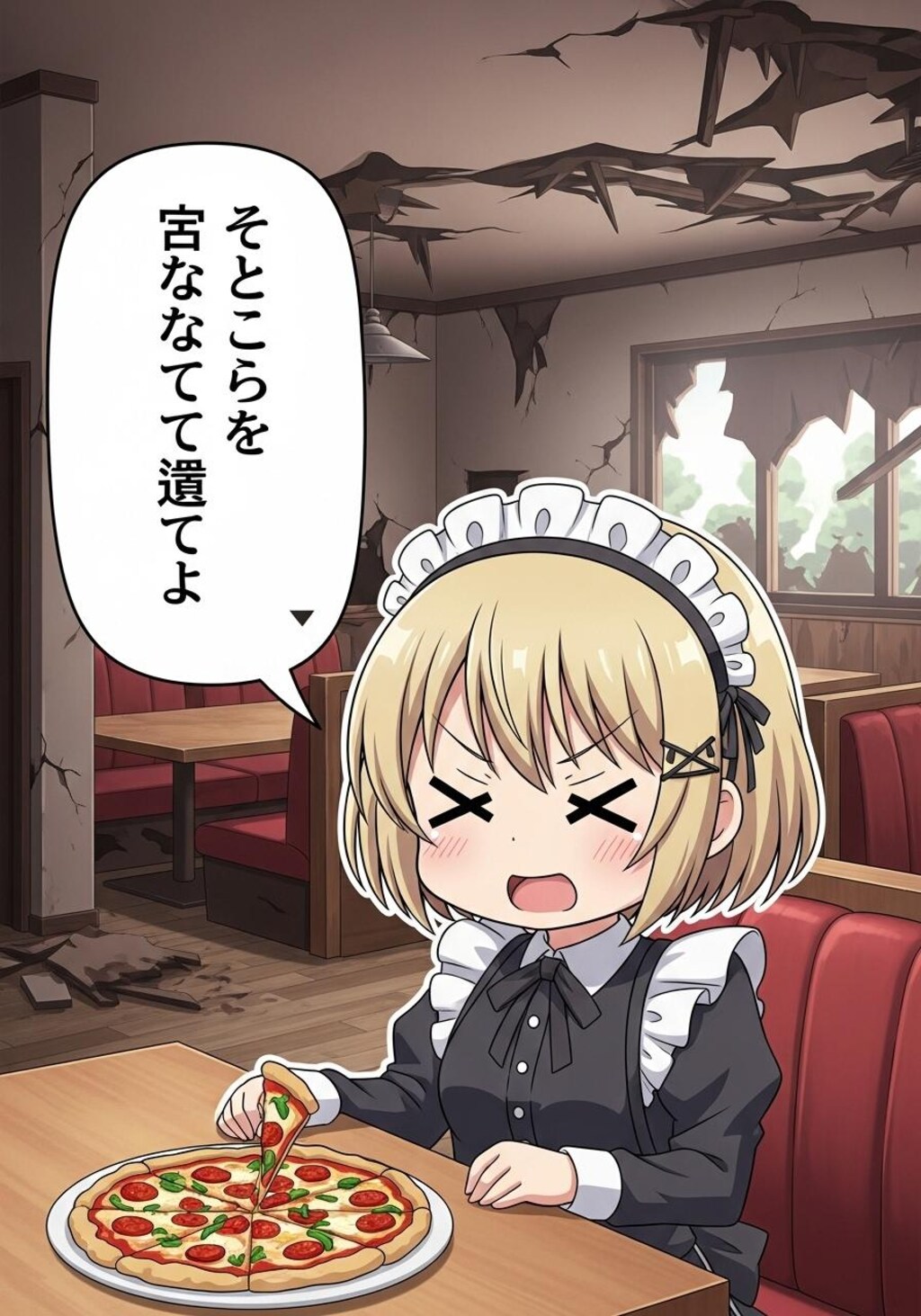 終末のレストランでピザを前に何かを喋るメイドちゃん