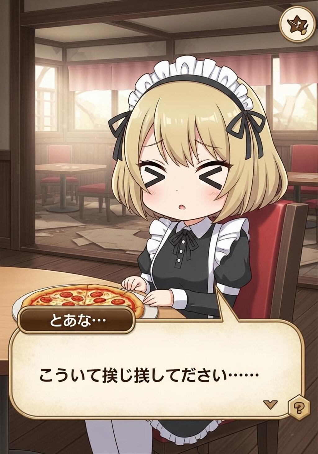 終末のレストランでピザを前に何かを喋るメイドちゃん