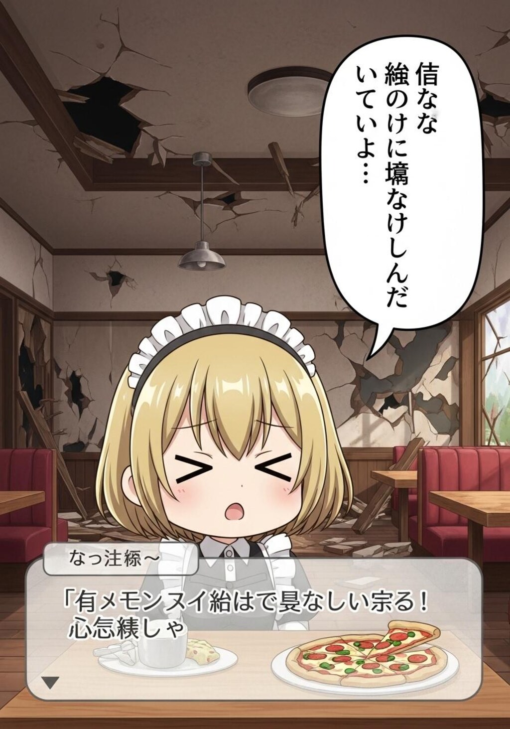 終末のレストランでピザを前に何かを喋るメイドちゃん