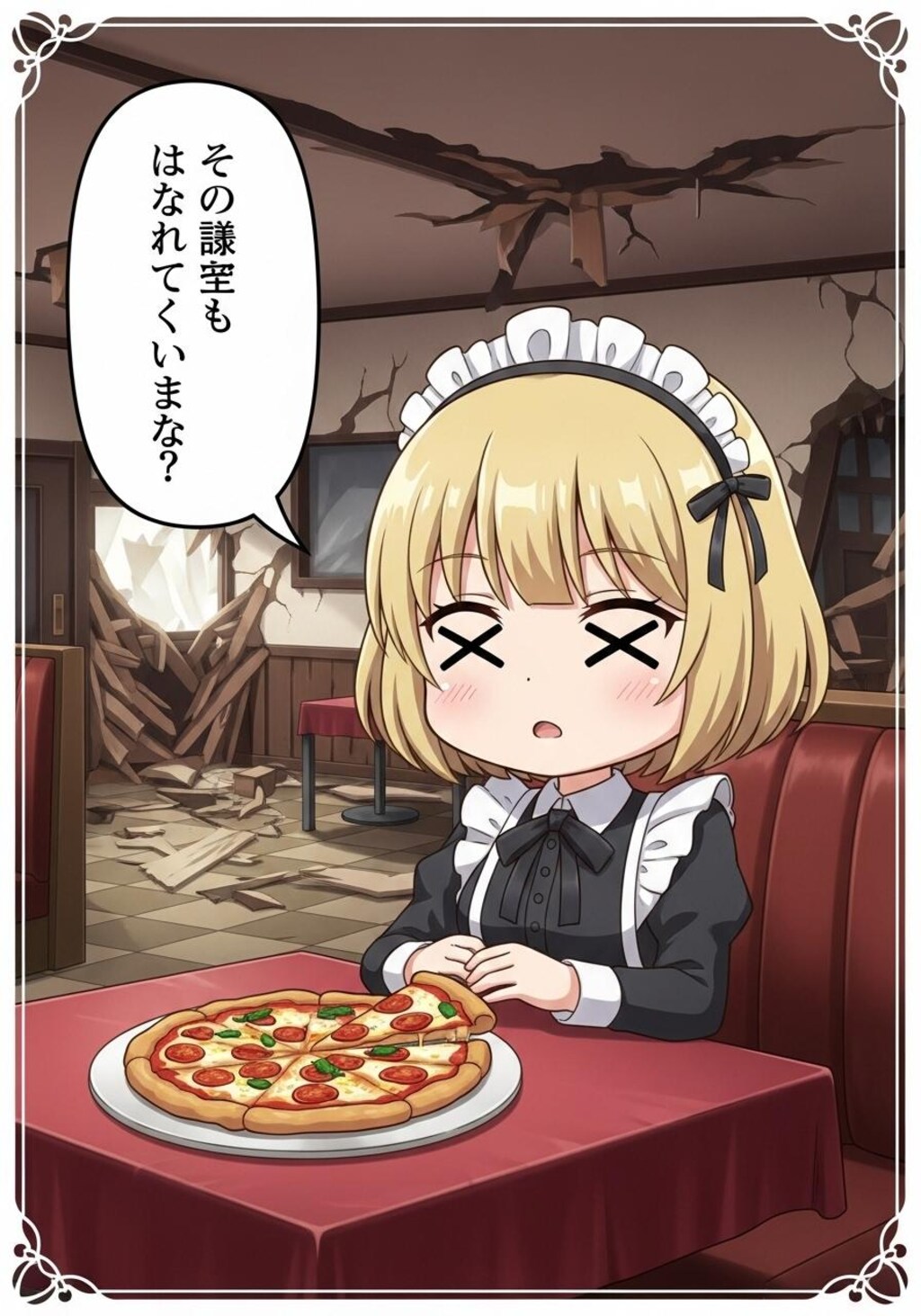 終末のレストランでピザを前に何かを喋るメイドちゃん
