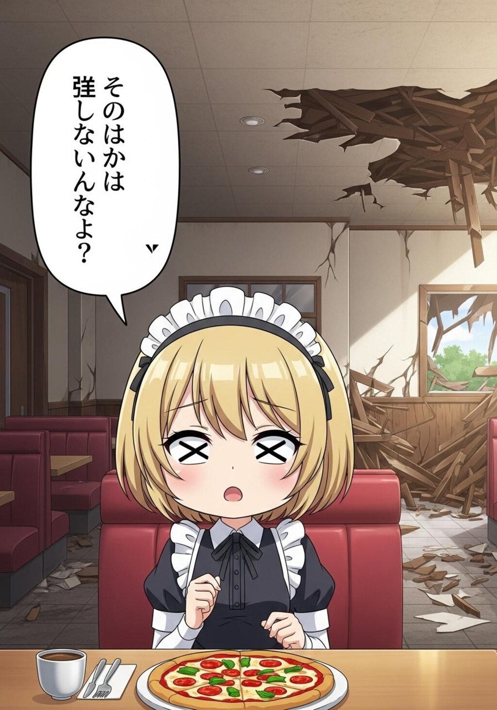 終末のレストランでピザを前に何かを喋るメイドちゃん
