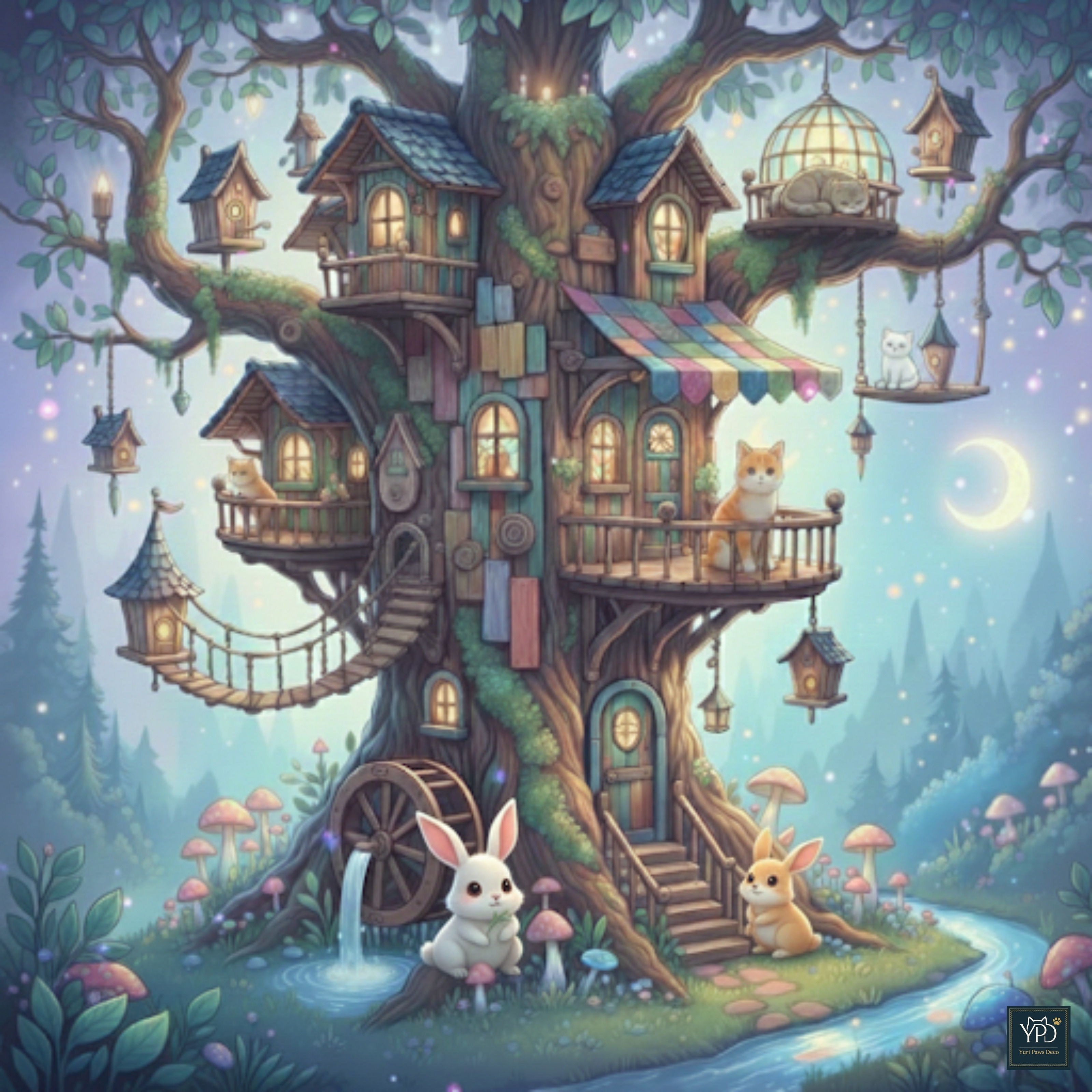 月夜の集い：魔法のツリーハウス   Moonlight Gathering: The Magic Treehouse | の人気AIイラスト・グラビア