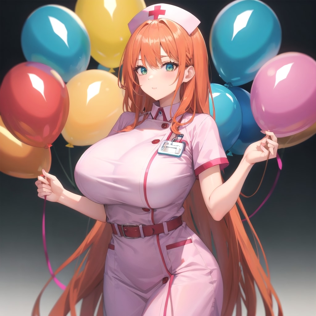 いっぱい色とりどりの風船を持つオレンジ髪ロングのナース服着た美女 | の人気AIイラスト・グラビア