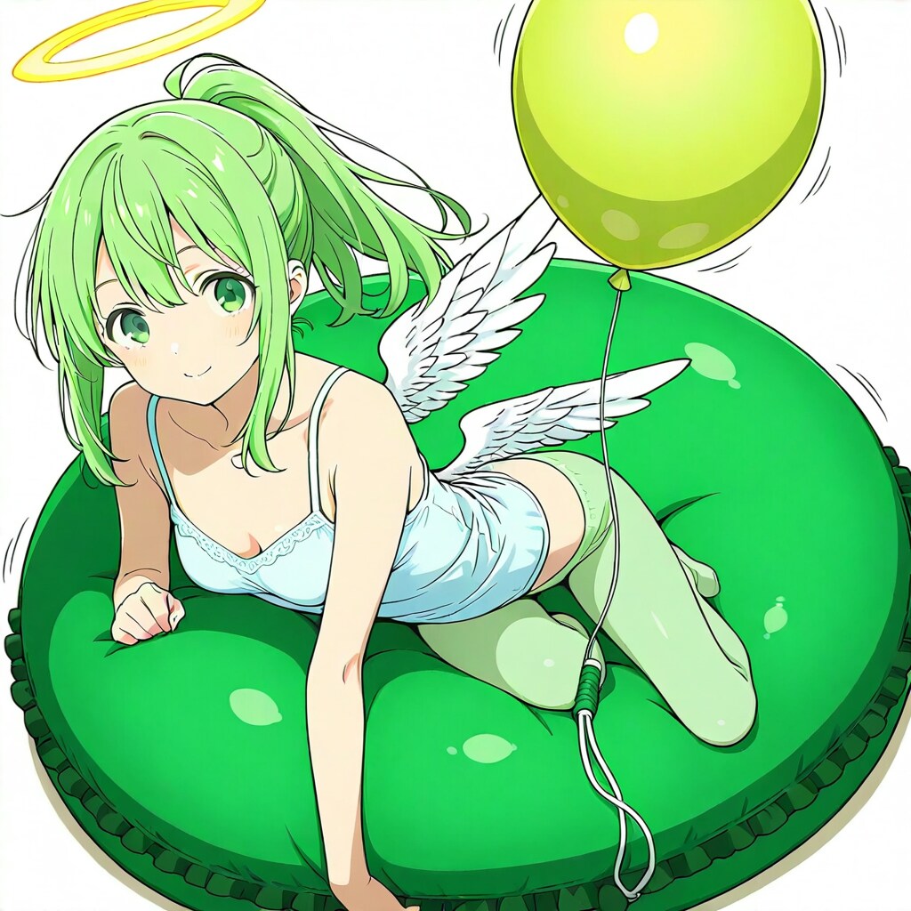 浮き輪に乗って風船で遊ぶ緑髪ポニーテールの天使。 | の人気AIイラスト・グラビア