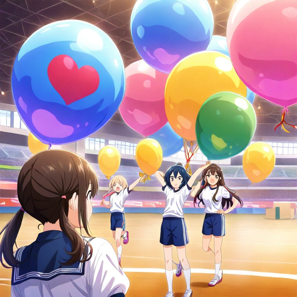 グラウンドで色とりどりの巨大風船を膨らませている体操服の美少女。