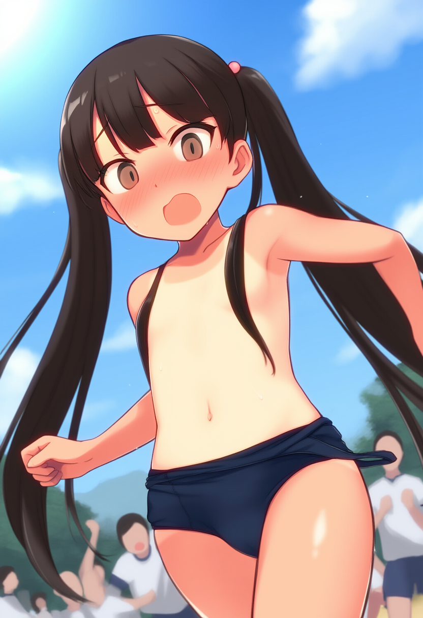 運動会のツインテ髪ブラ競争！