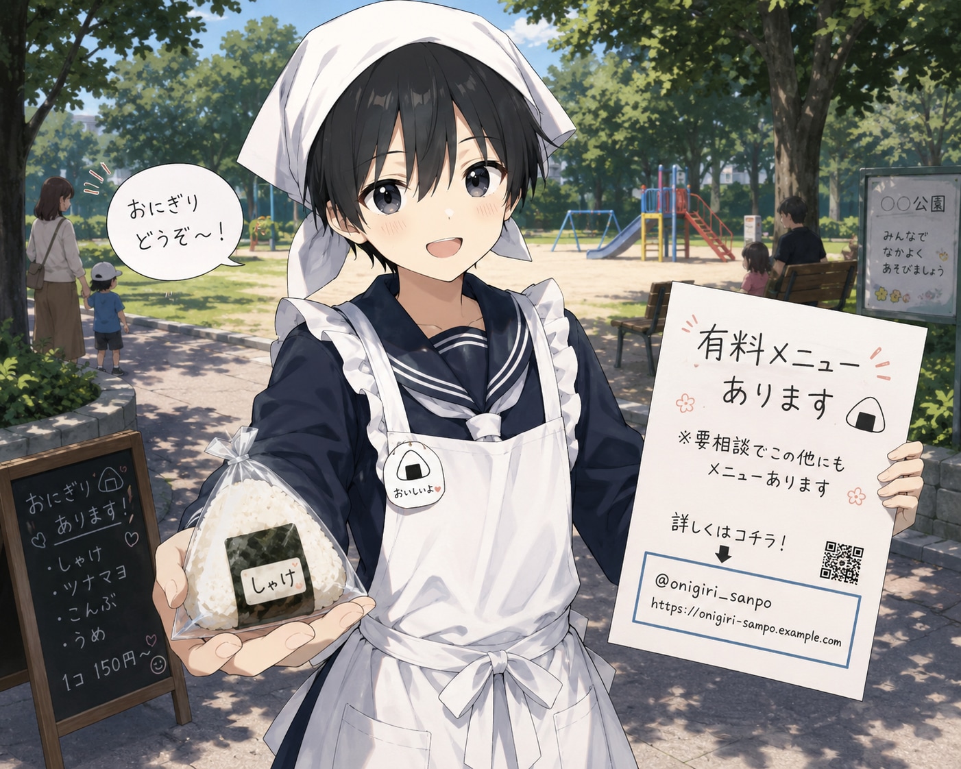 公園でおにぎりを配る男の娘