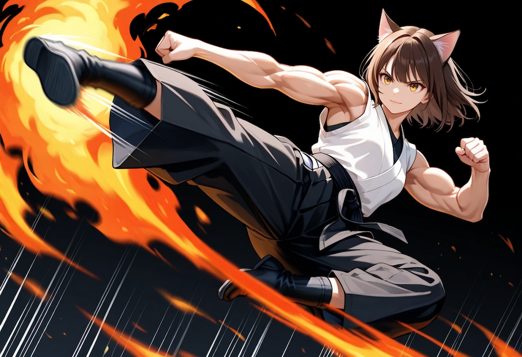 火炎飛燕脚を繰り出す猫拳法の達人なる猫娘さん
