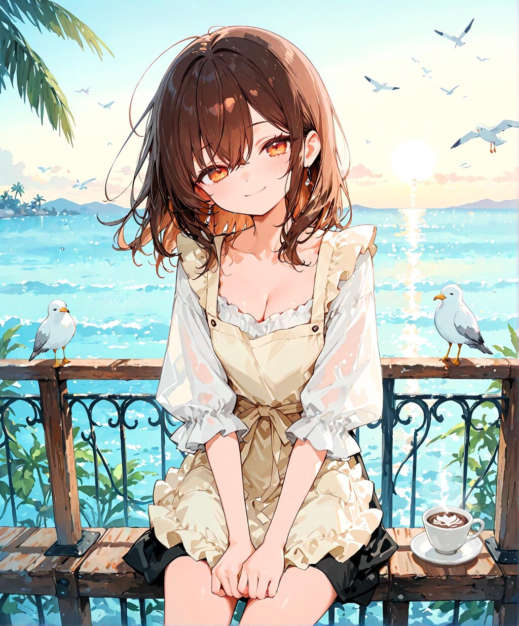 海辺のエプロン少女