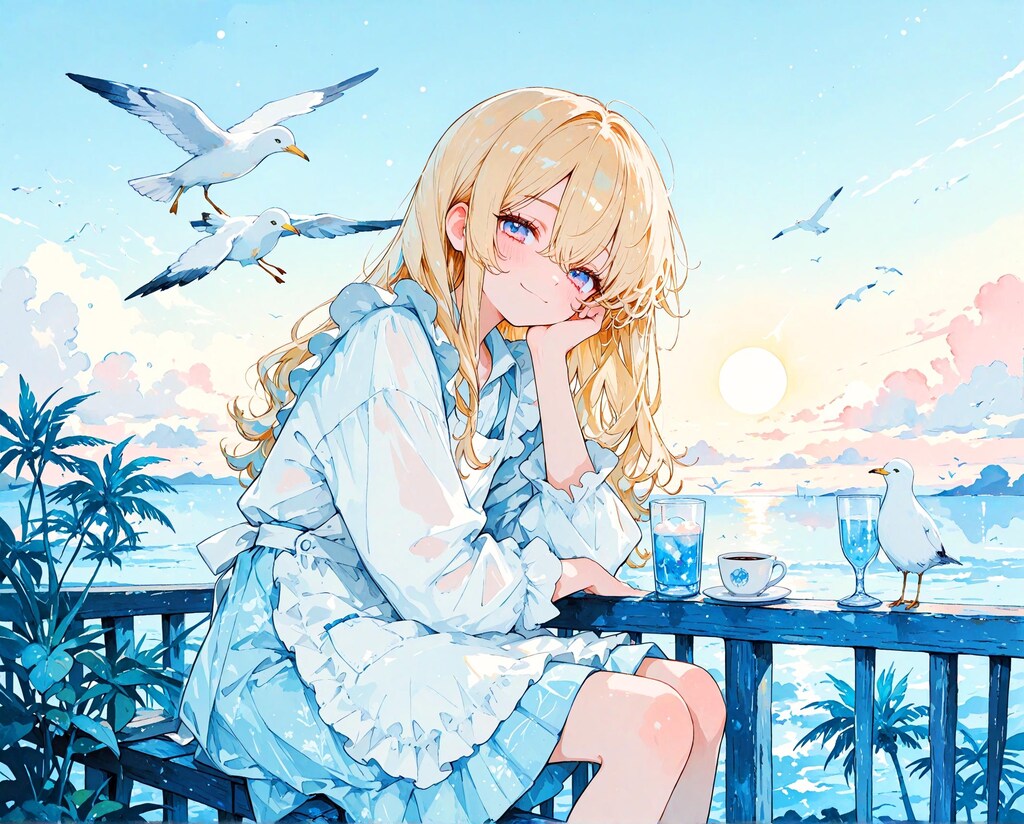 海辺のエプロン少女