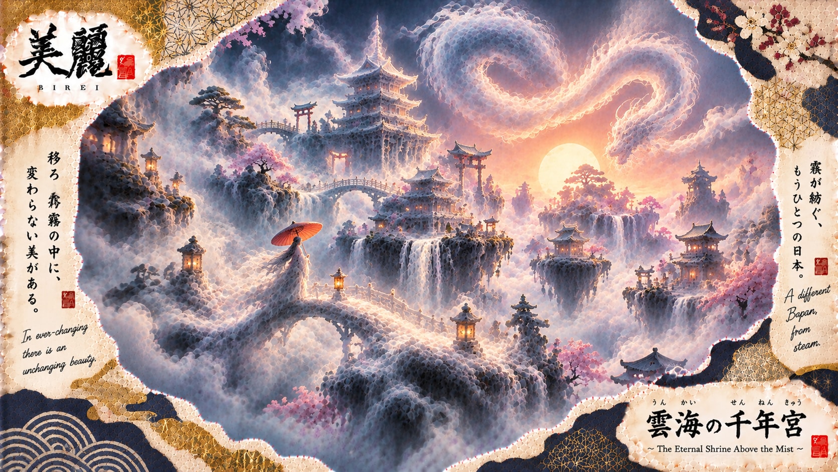 The Eternal Shrine Above the Mist  Set against a breathtaking celestial landscape, this ethereal ill | の人気AIイラスト・グラビア