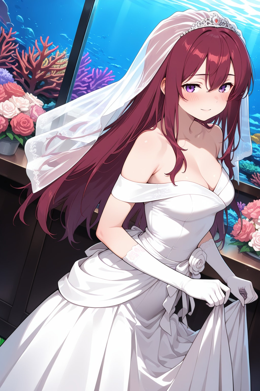 長身美脚赤髪紫目美少女のヴェディングドレス姿💒（ＨＡＰＰＹ様版） | の人気AIイラスト・グラビア