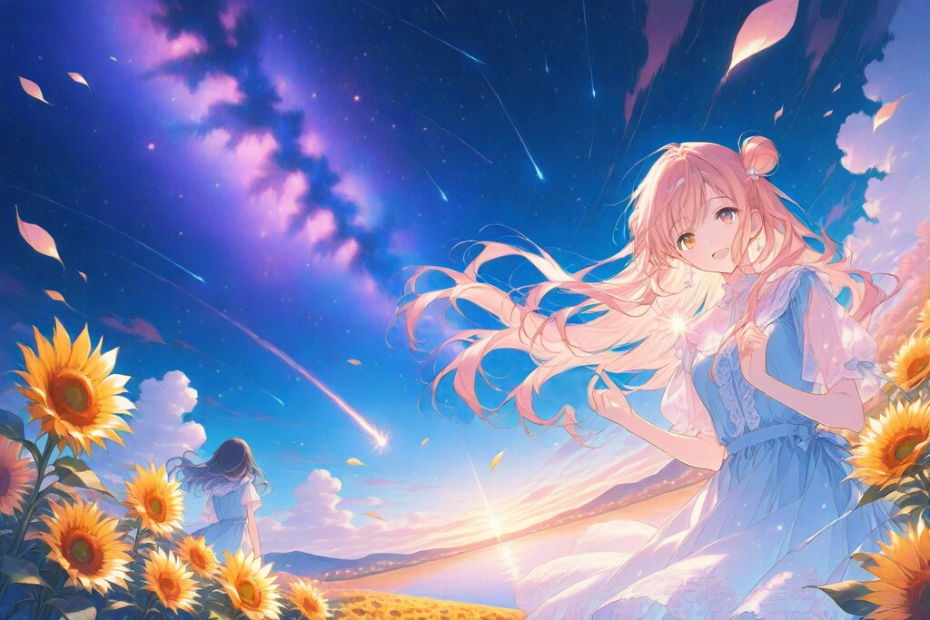 向日葵と朝焼け