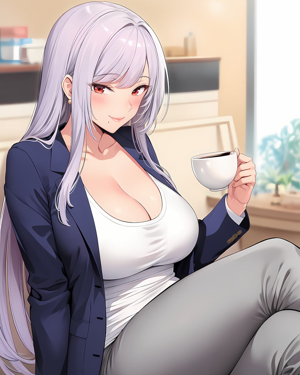 ☕サロンでほっと一息✨ネイビージャケットのお姉さん