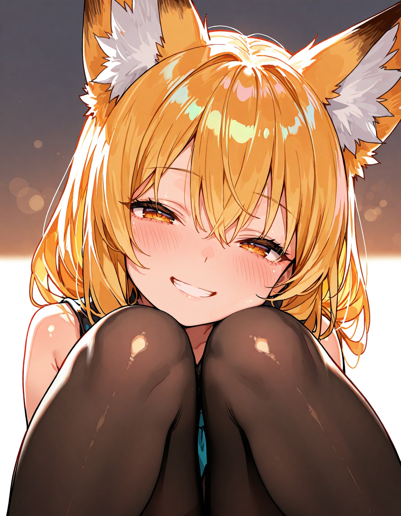 half-closed eyes,shiny skin,fox ears,grin