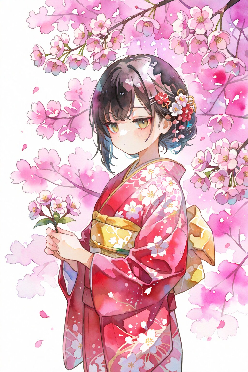 ジト目が可愛い！桜と着物