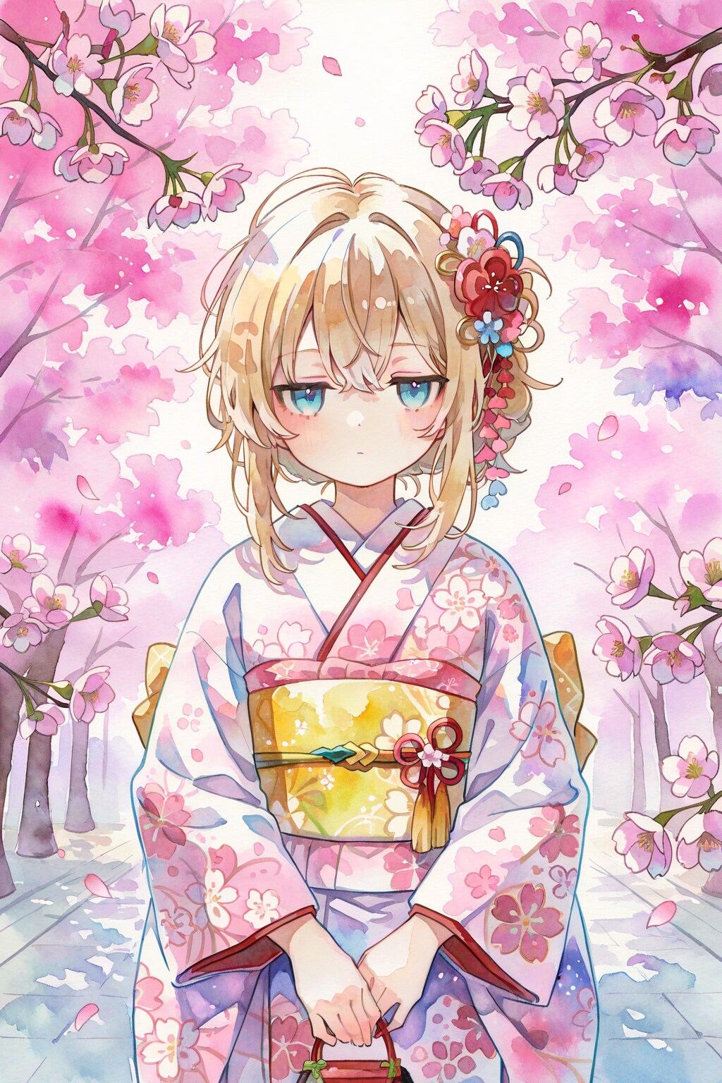 ジト目が可愛い！桜と着物