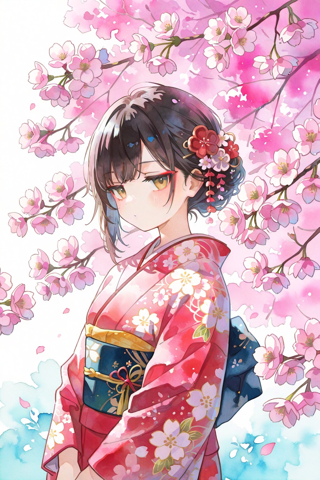 ジト目が可愛い！桜と着物