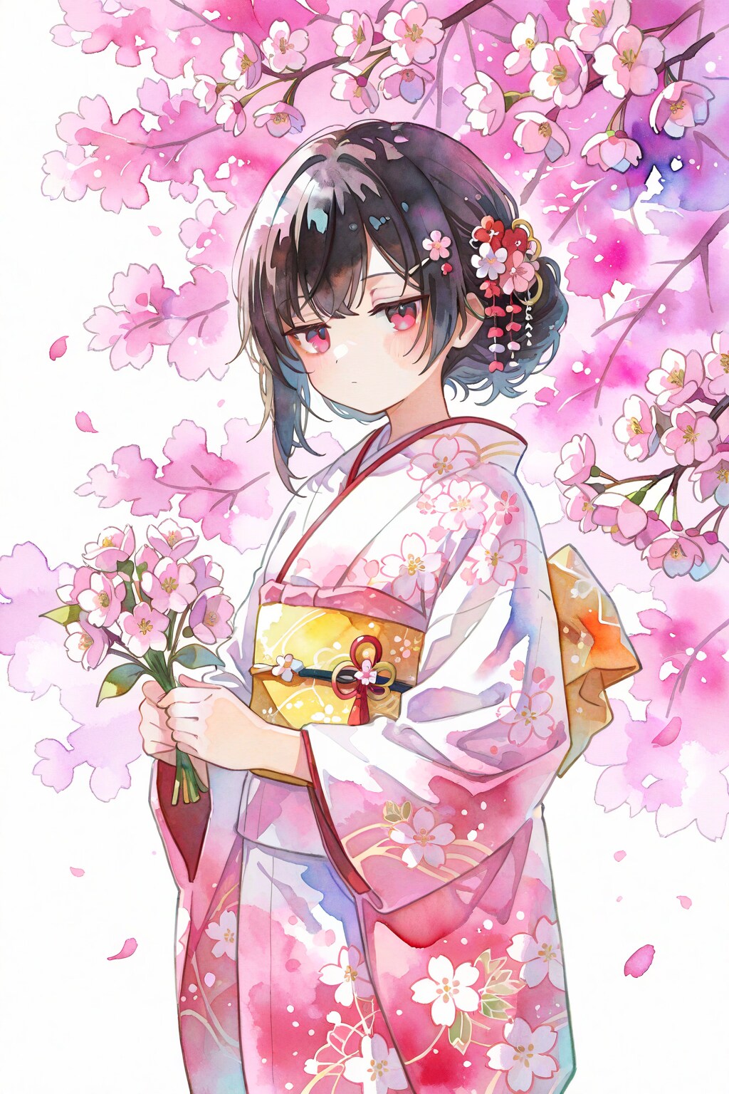 ジト目が可愛い！桜と着物