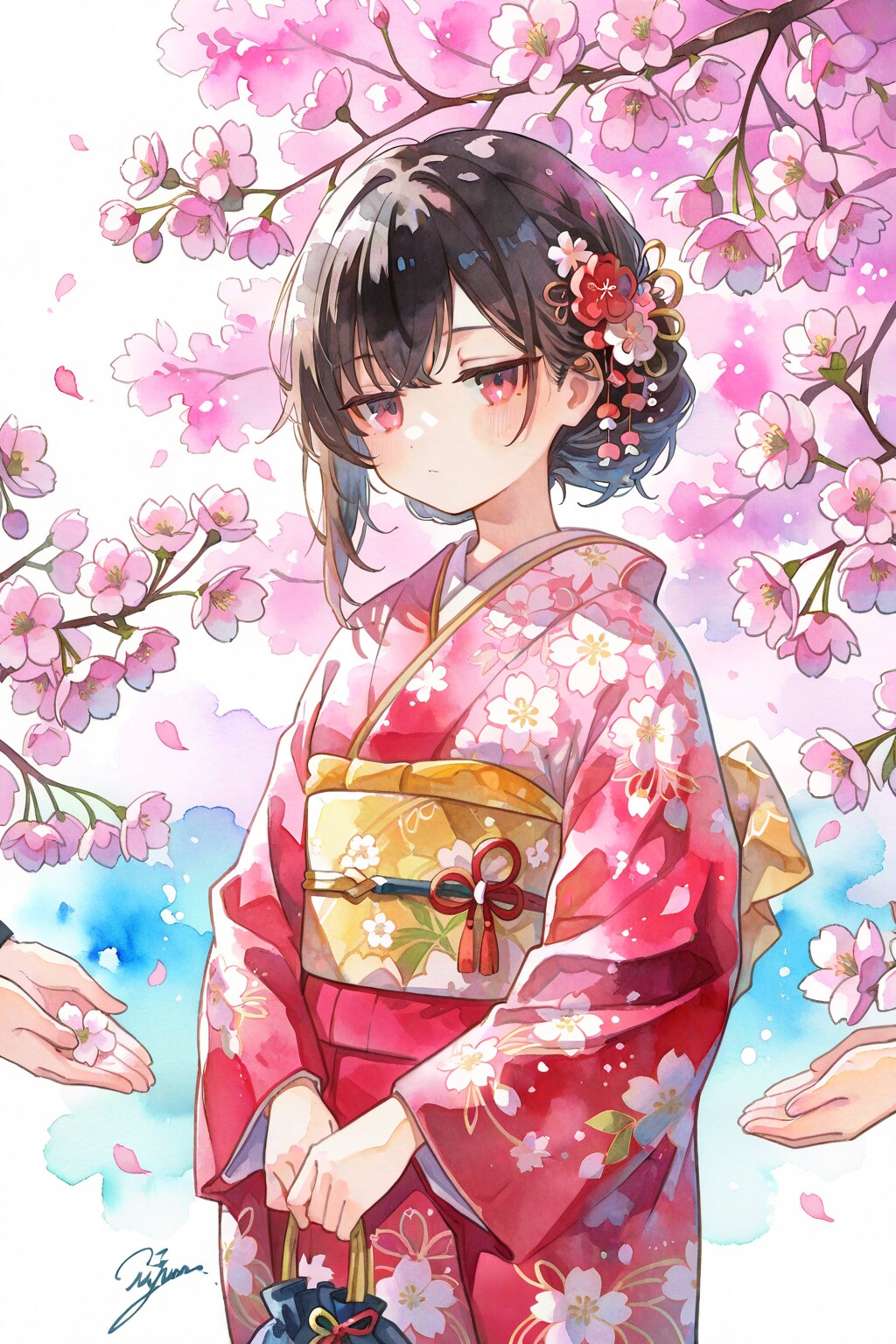 ジト目が可愛い！桜と着物