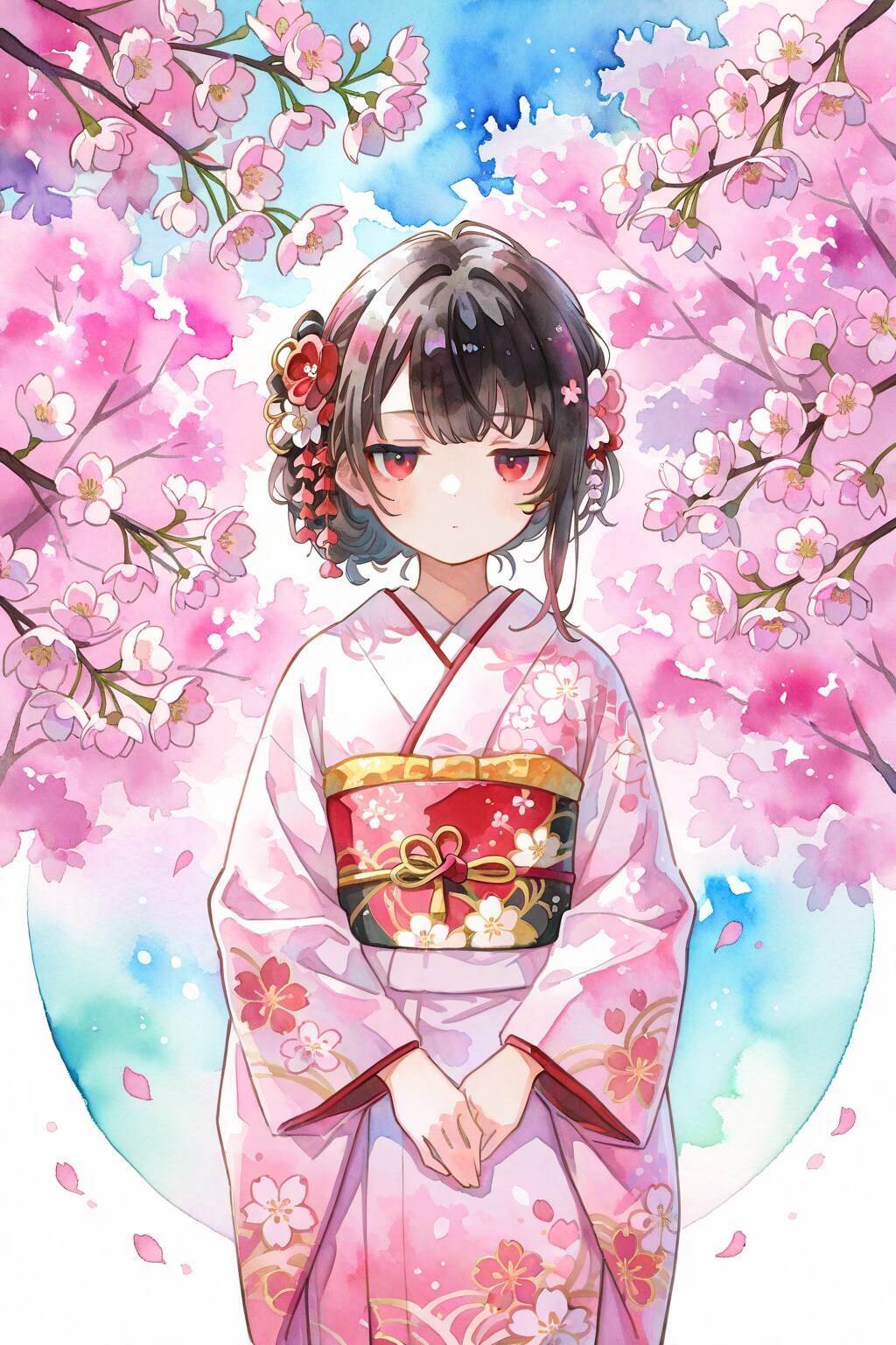 ジト目が可愛い！桜と着物