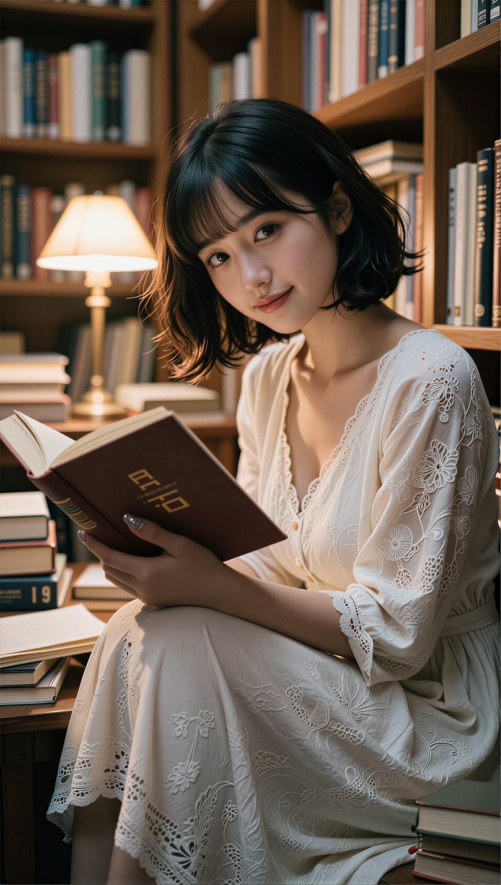 図書館で本を読む女性 2
