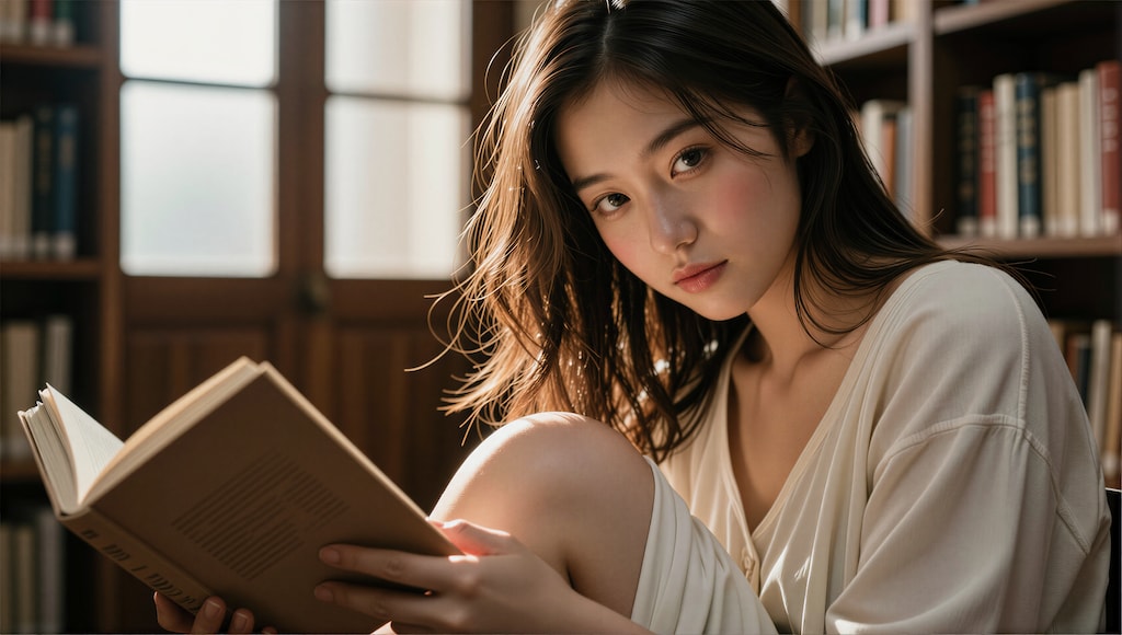 図書館で本を読む女性 2