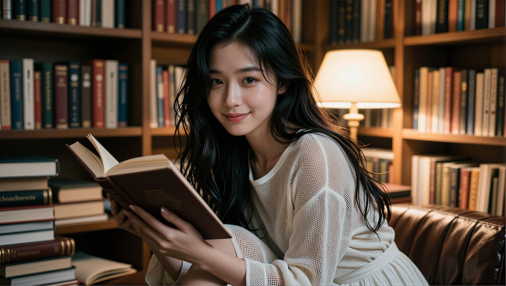 図書館で本を読む女性 2