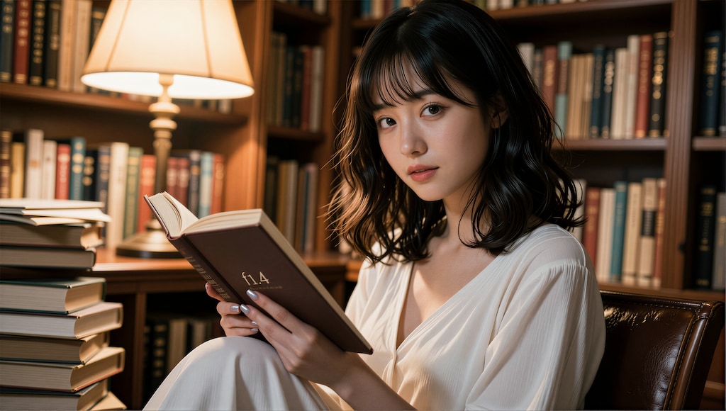図書館で本を読む女性 2
