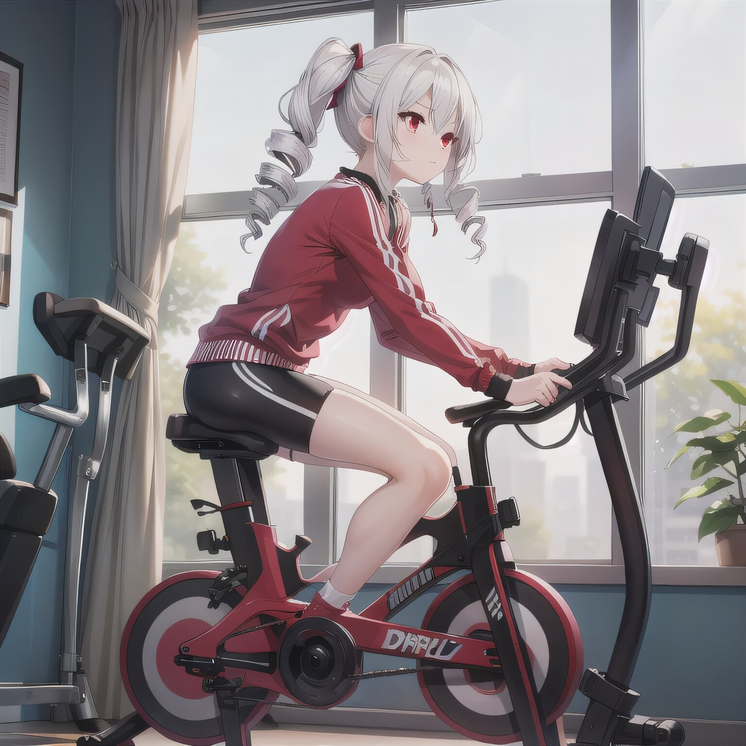 銀髪ロングでエアロバイクの少女 | の人気AIイラスト・グラビア