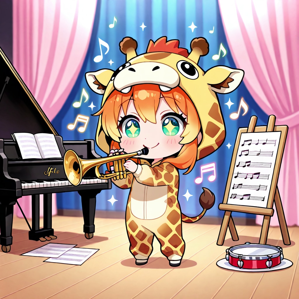 楽器を演奏するキリン着ぐるみちび子ちゃん