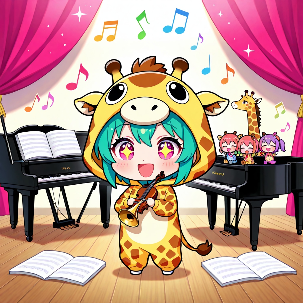楽器を演奏するキリン着ぐるみちび子ちゃん