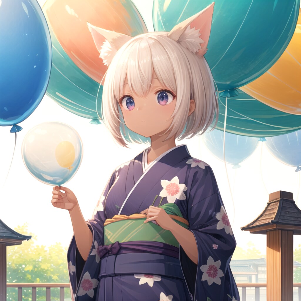 丸い風船と丸いケモミミ娘